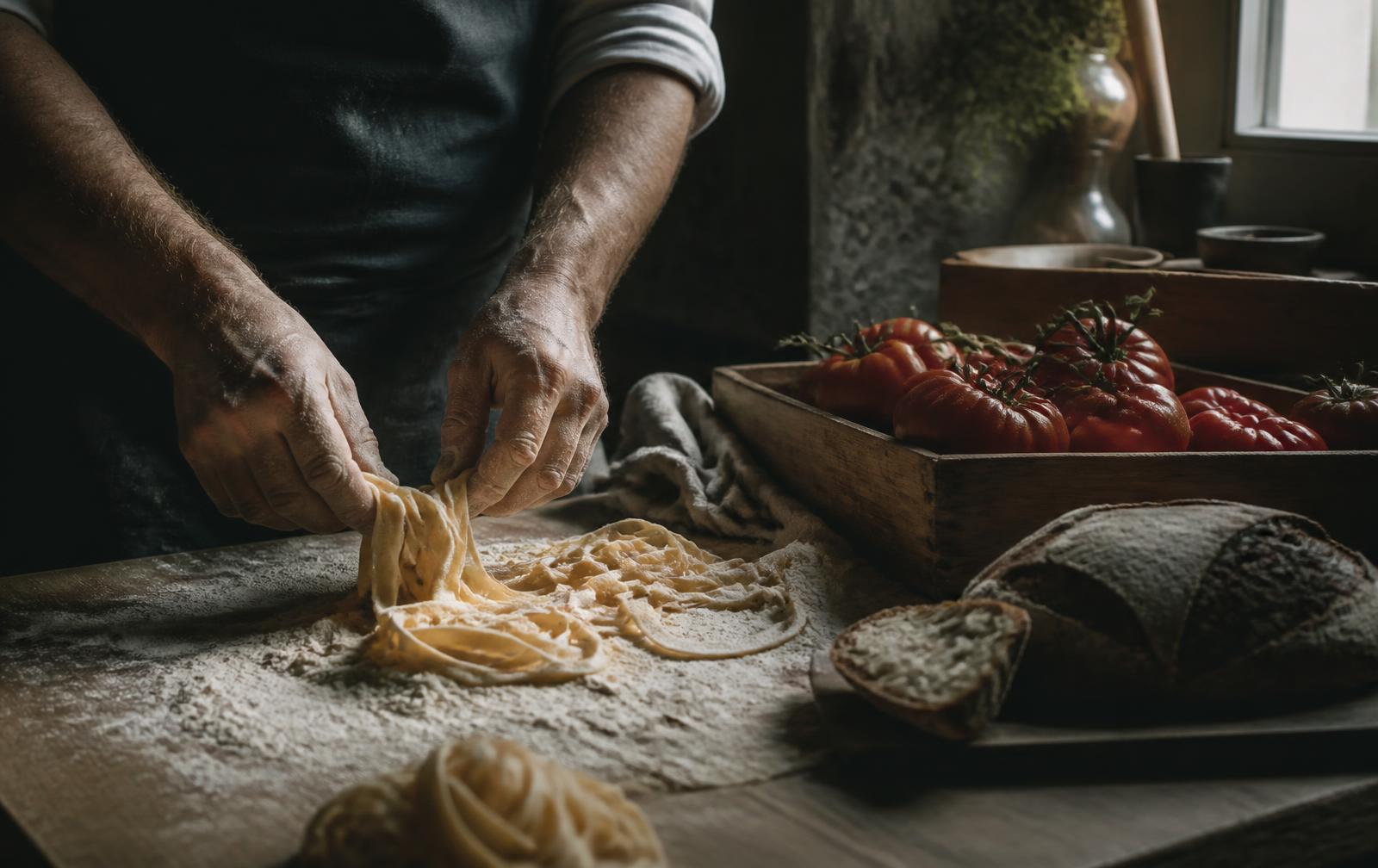 A cook rolling fresh pasta beside crates of tomatoes and a loaf of bread